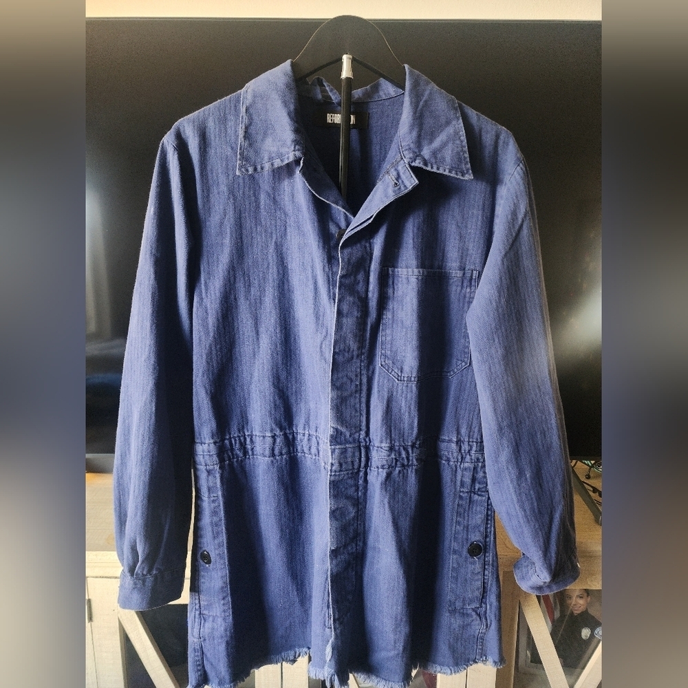 Reformation Chambray Utility Jacket Denim Overshirt Blue Workwear Button Front - Picture 2 of 13